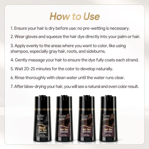Dark Brown Hair Dye Shampoo for Gray Hair - 400ML, Easy Use, Salon Results
