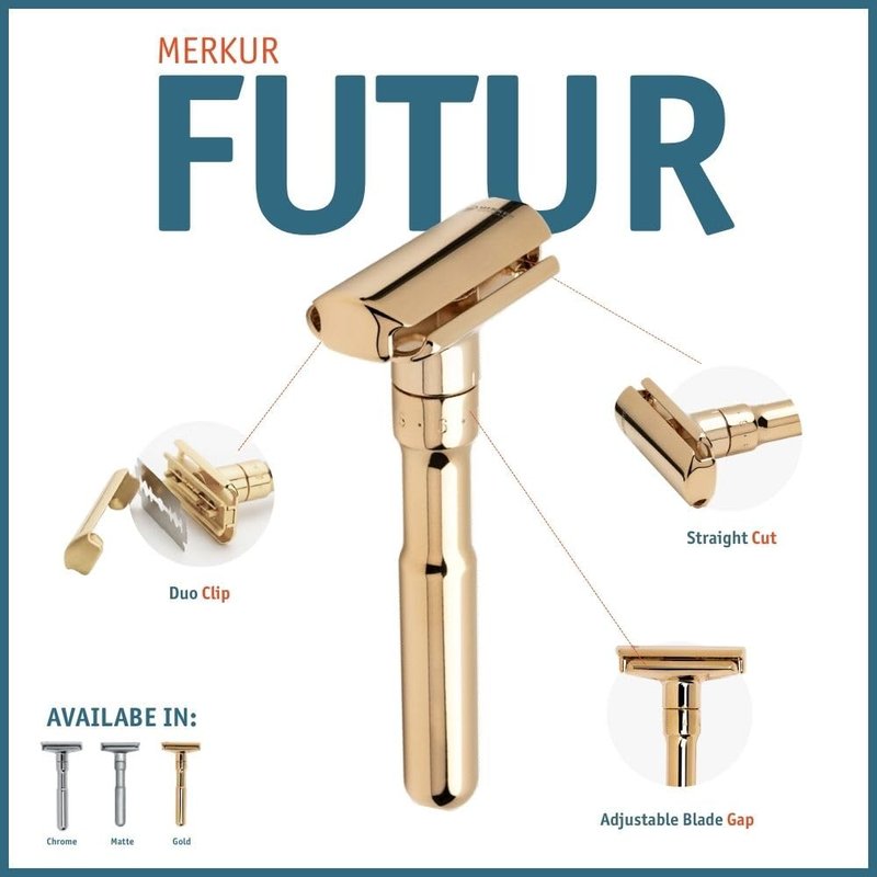 MERKUR FUTUR 702 Adjustable Double Edge Safety Razor - Bright Gold, Adjustable Razor With Dial, Made in Germany, Plastic-Free, Snap-On Cap Design, Straight Bar