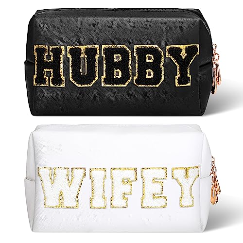 Wifey & Hubby Patch Makeup Bag Set - Waterproof PU Leather Travel Organizer
