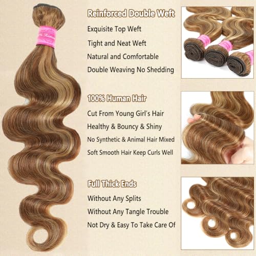 Seekomi Ombre 4/27 Body Wave Bundles Human Hair 14 16 18 20 Inch 12A 100% Virgin Highlight Colored Brown and Blonde 4 Bundles Double Weft Quick Weave for Women, 400g