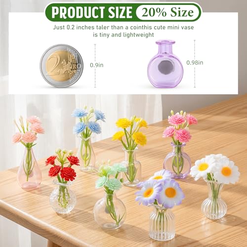 Mini Glass Vase Magnets with Artificial Flowers - Set of 8