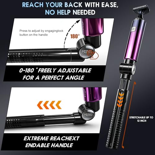 Back Shaver for Men, LED Display, 5 in 1 Mens Back Shaver Rechargeable with Long Handle, Safety Lock, IPX7, Multi-Functional Back Trimmer for Men,(Purple)