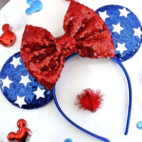 Roffiy Star 4th of July Headband – Red Glitter Bow, Blue Ears with White Stars