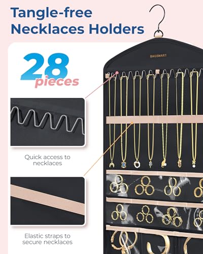 BAGSMART Double-Sided Hanging Jewelry Organizer with Hooks - Black