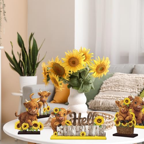 Highland Cow Wooden Table Decorations - 5 Pcs Rustic Signs