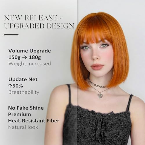 Ginger Bob Wig with Bangs - 12 Inch Shoulder Length Orange Wig