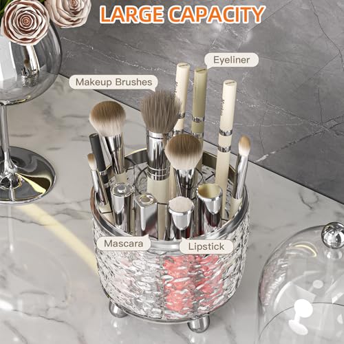Grey 360° Rotating Makeup Brush Holder with Lid for Vanity