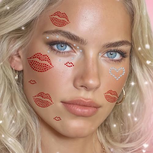 NOOEPC Red-Clear Face Gems Self-Adhesive Rhinestones for Makeup, Body & Hair, Festival & Rave Accessories