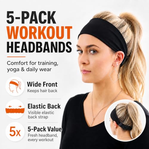 Calbeing 5-Pack Wide Black Headbands for Women – Non-Slip Elastic Sweatbands (5 Pure Black)