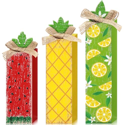Summer Fruit Table Decor Set - 3 Rustic Wood Blocks for Kitchen