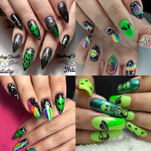 Glow in the Dark Alien Nail Art Stickers - 4 Self-Adhesive Sheets