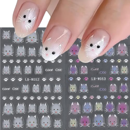 Cute Cat Nail Art Stickers - 2 Sheets 5D Self-Adhesive Decals
