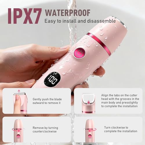 Bikini Trimmer for Women, 3-in-1 Electric Razor, IPX7 Waterproof Ceramic Blades, Wet & Dry Use, LED Display, Painless Shaver for Bikini, Face, Underarms, Legs, Home Travel (Pink)