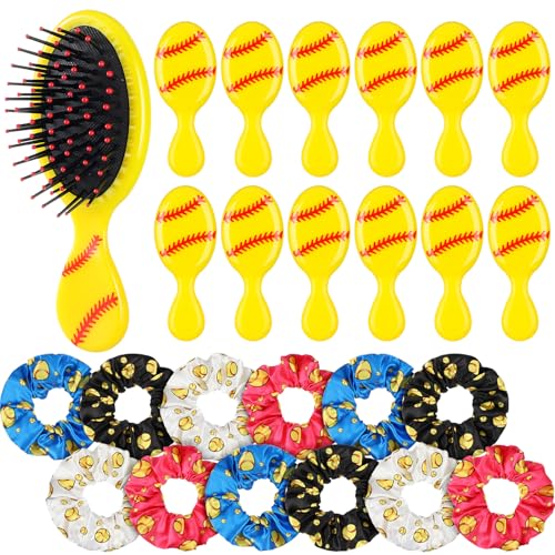 Yellow Softball Hair Scrunchies & Detangling Hair Brushes Set | Team Sport Gifts