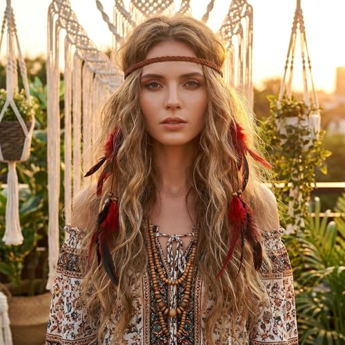 Vibrant Red Boho Indian Feather Headdress - Adjustable Festival Headband