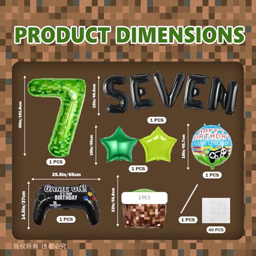 40-Inch Green Pixel Miner Number 7 Balloon Set - 13 Pcs Video Game Party Decorations