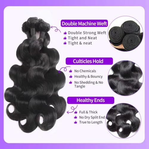 Body Wave Bundles with Closure Human Hair 18 20 22 24 + 16 Inch Brazilian Human Hair 3 Bundles with 4x4 HD Lace Closure Part 12A Grade 100% Unprocessed Virgin Hair