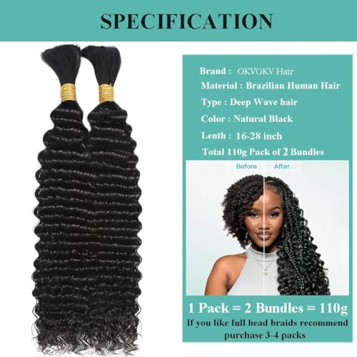 Human Braiding Hair for Boho Braids 110g 20 Inch Deep Water Wave Bulk Human Boho Hair for Braiding No Weft 12A Wet and Wavy Curly Human Hair Extensions 2 Bundles/Pack Natural Color