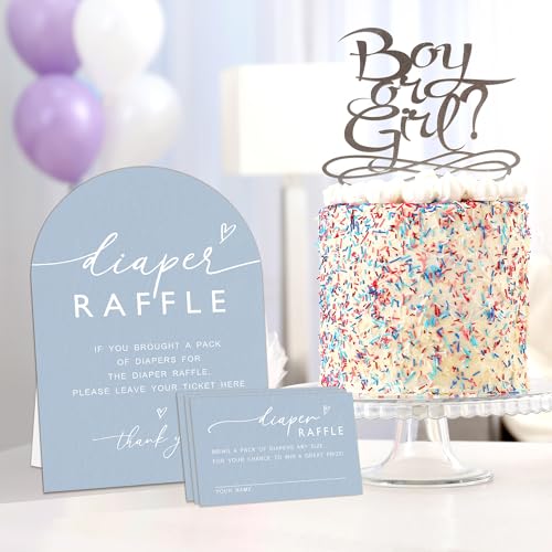 50 Diaper Raffle Tickets & Stand for Baby Shower Games - Blue