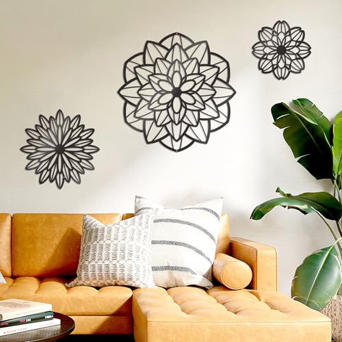 Black Metal Flower Wall Art Set - 3 Piece Decor for Home & Office