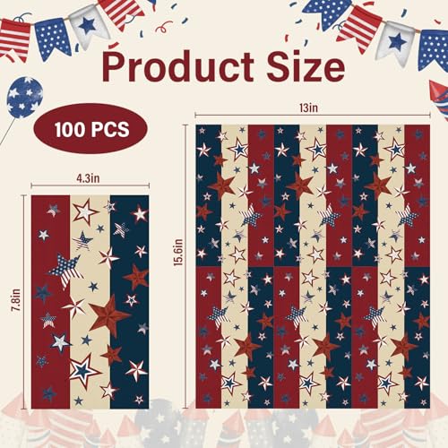 Patriotic Paper Napkins - 100 Pack Red White Blue Star for 4th of July