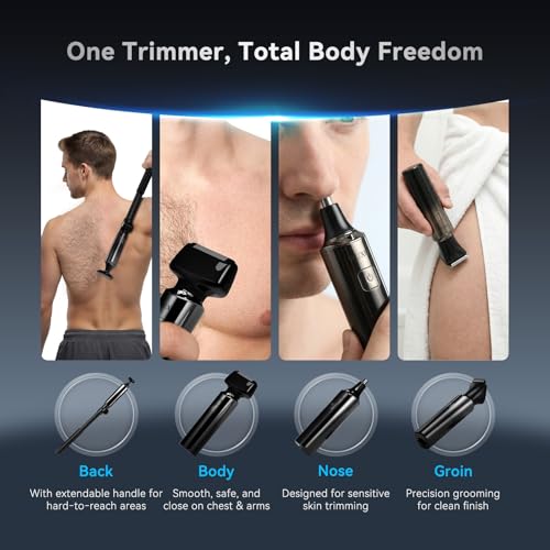 Electric Groin Hair Trimmer, LED Display Back Shaver for Men, Safety Lock, IPX7 Waterproof Wet/Dry Clippers, Rechargeable with Long Handle, Multi-Functional Back Trimmer for Men,(Pure Silver)