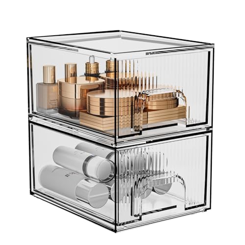 ZHIAI 2 Short Pack Clear Stackable Cosmetic Organizer - Acrylic Drawer Storage for Makeup, Vanity, Kitchen