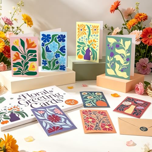 Miucat 32 Pack Floral Blank Greeting Cards with Envelopes - 8 Designs