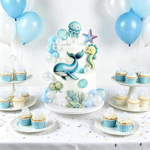 Under the Sea Birthday Cake Toppers Set - 33Pcs Ocean Animals & Bubble Balls