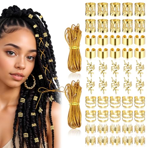 50Pcs Gold Hair Jewelry for Braids - Adjustable Cuffs & Charms