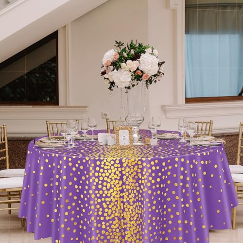 84 Inch Purple and Gold Polka Dot Round Tablecloth - Set of 3