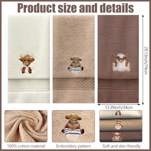 Highland Cow Hand Towels – Set of 3, 100% Cotton, Rustic Design