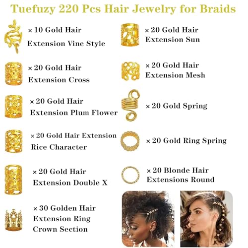 220 Pcs Gold Hair Jewelry Accessories for Braids & Dreadlocks