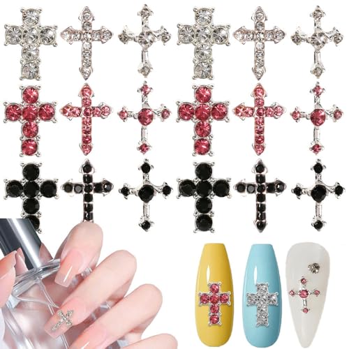 Crystal Cross Nail Charms 18Pcs - Y2K Pink Silver Black 3D Cross Nail Art