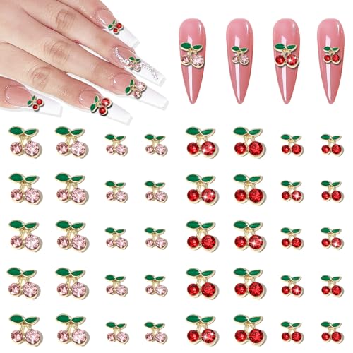 Wsimily 40Pcs Cherry Nail Art Charms - 3D Rhinestone Decorations