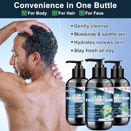 Doyeewo Men's 3-in-1 Body Wash Set with Lotion & Spray, 6 Pack - Sandalwood, Eucalyptus, Mint Scents, Travel Size