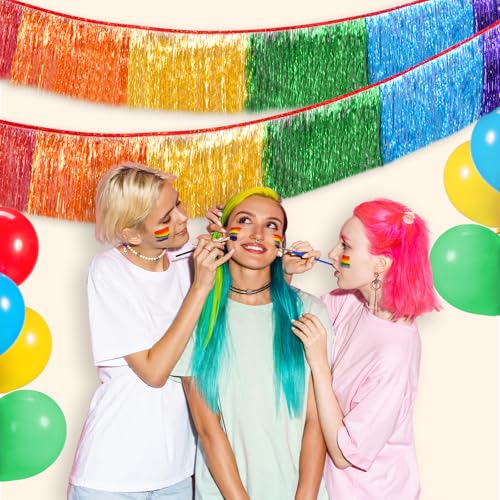 Rainbow Foil Fringe Garland - 6 Feet Metallic Tinsel Banner for Parties