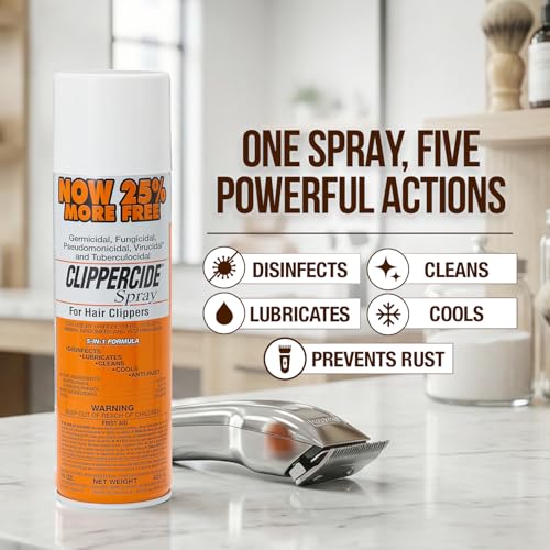 CLIPPERCIDE 5-in-1 Clipper Disinfectant Spray 15oz, 1 Pack | Cleans, Lubricates, Cools, Prevents Rust & Disinfects | Professional Clipper Spray for Barbers, Stylists & Pet Groomers | Made by BARBICIDE
