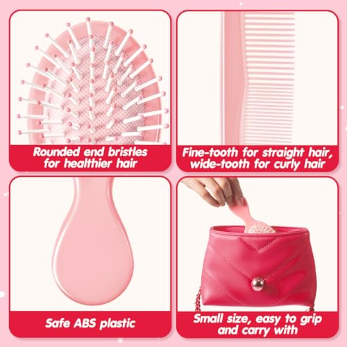 FillTouch Pink Mini Hair Brush and Comb Set - 24 Pcs Travel Detangling