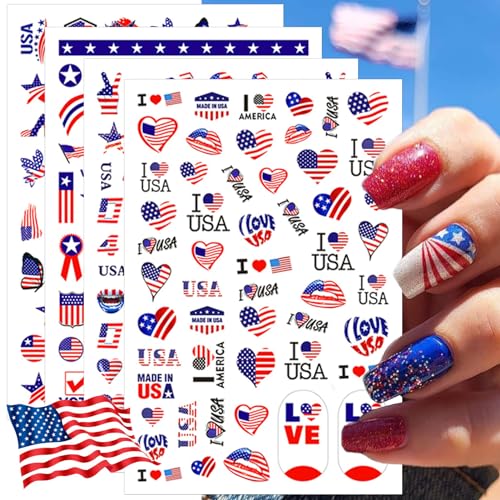4th of July Nail Stickers - 8 Sheets USA Flag & Star Designs