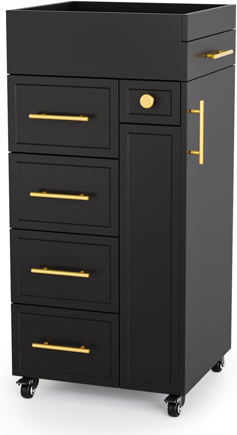 OmySalon Salon Trolley Cart - Mobile Hair Styling Station with 5 Drawers & Adjustable Shelf | Black