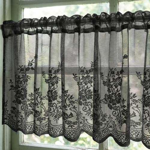 Molaxhome Black Lace Floral Semi Sheer Kitchen Valance 51x16