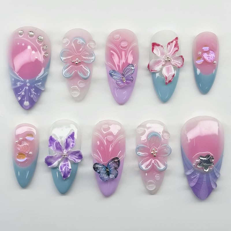 Press-On Nails - 30 Pcs Medium Almond Floral Design with 3D Butterflies & Rhinestones | Blue French Tip