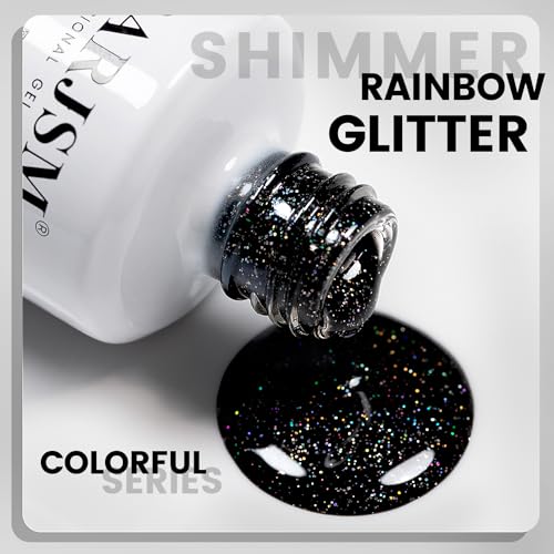 RARJSM Black Glitter Gel Nail Polish - Iridescent Rainbow Sparkle 15ML
