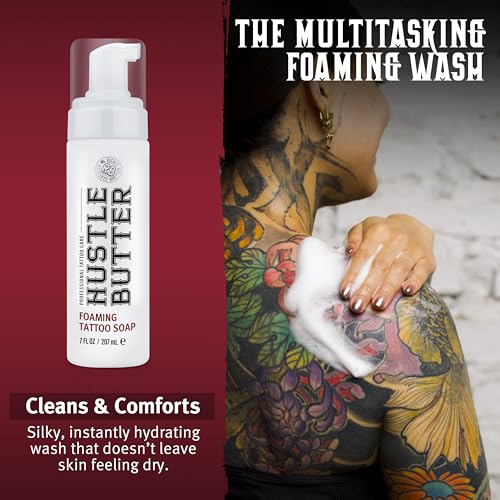Hustle Bubbles Tattoo Aftercare Tattoo Soap - Dermatologist Tested Cleanser To Clean New Tattoos & Piercings - Essential Body Art Supplies 7oz