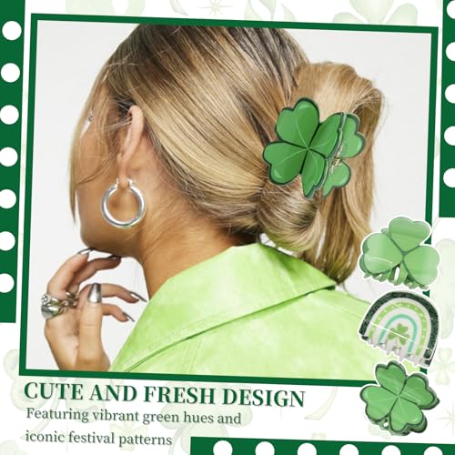 St. Patrick’s Day Hair Claw Clips - Green Shamrock & Rainbow Set for Women & Girls, Festive Accessories