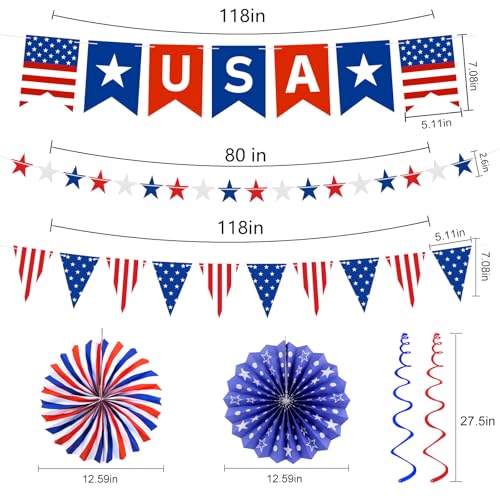 37 Pcs 4th of July Decorations Set - USA Banner, Paper Fans & Swirls