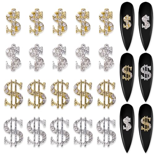 Dollar Sign Nail Charms 20pcs Silver & Gold 3D Rhinestone Nail Art Decorations