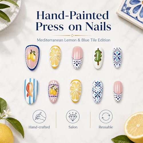 YWCYSP 10 Pcs Hand-Painted Summer Fish & Lemon Press On Nails - M