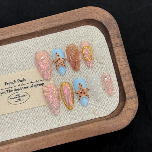 NLSJMP 3D Handmade False Nails Kit L/3010 - Waterproofer Almond Manicure with Starfish Design